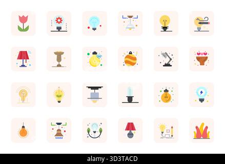 Innovative pack of 24 vector icons themed around Bulb, showcasing Flat design in 64x64 Pixel Optimized format for modern digital solutions. Stock Vector