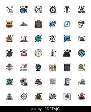 Exclusive collection of 42 Flat Line Filled vector icons for Exploration, developed with High Resolution PIXEL Perfect resolution for premium brand ex Stock Vector