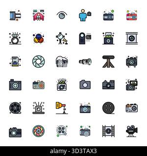 Perfectly balanced 36 Flat Line Filled PIXEL Perfect vector icons for Photography, sized at 64x64 for harmonious integration in digital design project Stock Vector