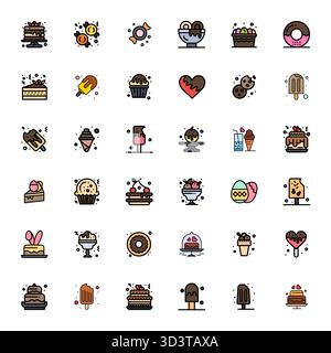 A clean collection of 36 Line Filled vector icons representing Chocolate, designed in Retina Ready PIXEL Perfect format for modern dashboards and inte Stock Vector