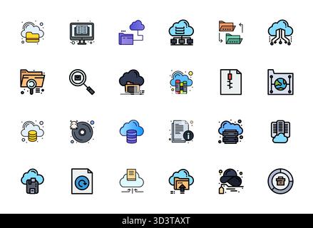 Transform your designs with 24 Flat Line Filled vector icons themed around Digital Archive, engineered in High Resolution Detail Enhanced resolution f Stock Vector