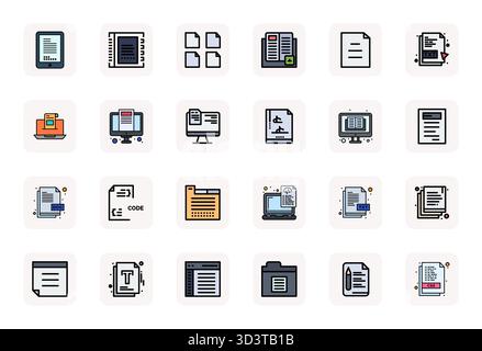 Collection of 24 LineFilled Editable vector icons for Text File, designed in Retina Ready format for clarity and versatility. Stock Vector