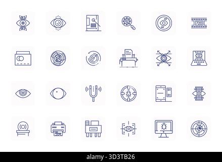 This Scanning vector icon pack includes 24 Regular Bold Outline designs in 128x128 Grid Fitted format, perfect for enhancing digital interfaces. Stock Vector
