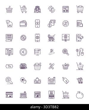 Collection of 42 Bold Line PIXEL Perfect vector icons for Shopping Cart, designed in High Resolution format for clarity and versatility. Stock Vector