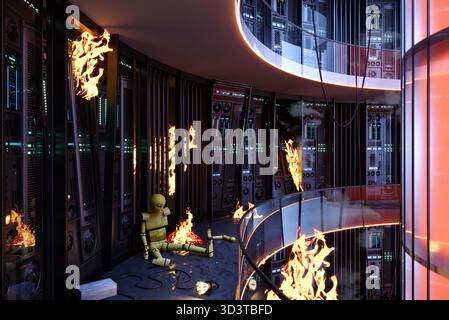 3d illustration. A dramatic and intense disaster scene in a futuristic data center: fire is engulfing server racks, and a small, damaged robot lies am Stock Photo