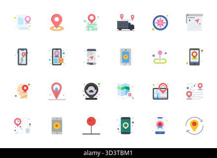 Collection of 24 Flat Editable vector icons for Location Tracking, designed in 64x64 format for clarity and versatility. Stock Vector