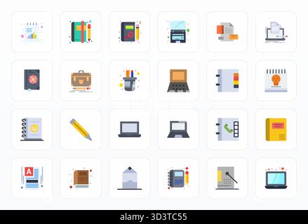 Revolutionary set of 24 Grid Fitted vector icons inspired by Notebook, created in Flat format at Retina Ready resolution for cutting-edge design. Stock Vector