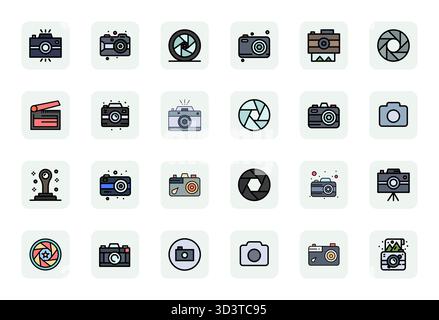 A versatile set of 24 LineFilled Pixel Aligned vector icons focused on Shutter, delivered in crisp 128x128 format ideal for mobile and web application Stock Vector