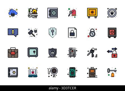 Meticulously crafted 24 Flat Line Filled vector icons for Lock, delivered in 128x128 Pixel Aligned quality for uncompromising design standards. Stock Vector