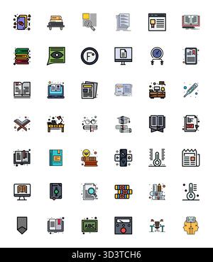 Masterfully created 42 vector icons representing Reading in Flat Line Filled design, featuring 256x256 PIXEL Perfect resolution for exceptional visual Stock Vector