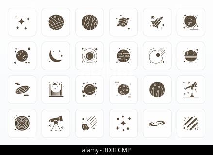Contemporary collection of 24 vector icons representing Astronomical in Glyph aesthetic, featuring High Resolution PIXEL Perfect resolution for modern Stock Vector