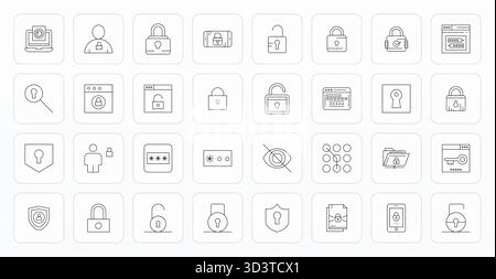 A clean collection of 32 Thin Line vector icons representing Password, designed in 64x64 Grid Fitted format for modern dashboards and interfaces. Stock Vector