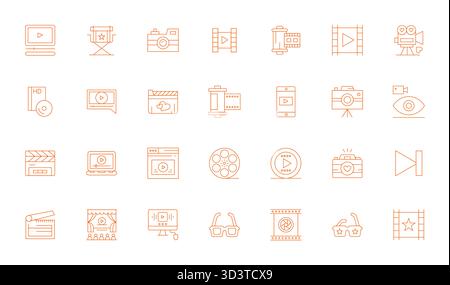 Refined bundle featuring 28 Thin Line vector icons for Film, optimized with High Resolution Display Perfect quality for elegant and functional design Stock Vector