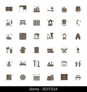 Masterfully created 36 vector icons representing Wood in Filled design, featuring 256x256 PIXEL Perfect resolution for exceptional visual quality. Stock Vector