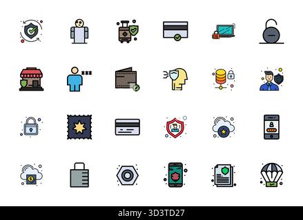 Unlock 24 Flat Line Filled Pixel Aligned vector icons inspired by Secure, optimized in Retina Ready format for flawless display across all devices. Stock Vector