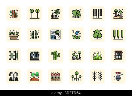 Curated pack of 24 64x64 vector icons in LineFilled design, centered around Plants concepts with Detail Enhanced clarity. Stock Vector