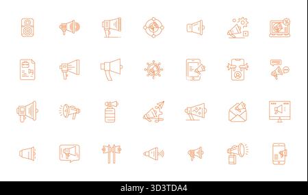 Refined bundle featuring 28 Thin Line vector icons for Megaphone, optimized with 256x256 Grid Fitted quality for elegant and functional design solutio Stock Vector