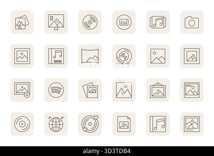Premium collection of 24 Regular Bold Outline vector icons for Album, meticulously crafted in 128x128 PIXEL Perfect resolution for superior visual imp Stock Vector