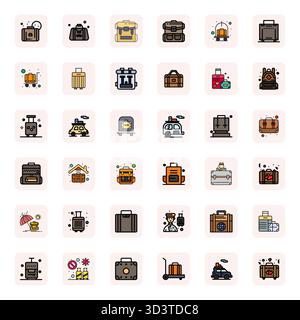 Masterfully created 36 vector icons representing Luggage in LineFilled design, featuring Retina Ready PIXEL Perfect resolution for exceptional visual Stock Vector