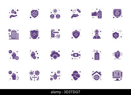 Transform your designs with 24 Filled vector icons themed around Virus Protection, engineered in Retina Ready PIXEL Perfect resolution for maximum cla Stock Vector