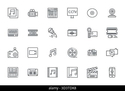 Enhance your projects with 24 Bold Line vector icons themed around Recording, featuring Retina Ready Editable resolution ideal for clean and professio Stock Vector