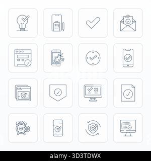 This collection features 16 Thin Line Pixel Aligned vector icons tailored to the Checkmark theme, optimized in Retina Ready format for digital design. Stock Vector