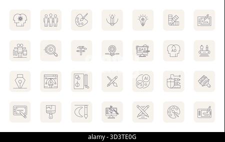 A versatile set of 28 Thin Outline Pixel Aligned vector icons focused on Creative, delivered in crisp High Resolution format ideal for mobile and web Stock Vector