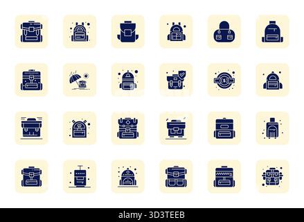 Streamlined set of 24 vector icons for Backpack in Filled aesthetic, featuring Retina Ready Display Perfect resolution for seamless user experiences. Stock Vector