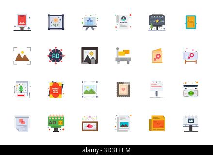 Carefully curated 24 Flat vector icons for Poster, featuring High Resolution Grid Fitted resolution for consistent brand representation and user exper Stock Vector