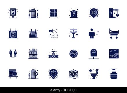 Thoughtfully designed 24 vector icons themed around Facility, crafted in Filled with 256x256 Grid Fitted precision for contemporary design needs. Stock Vector