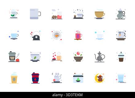 A clean collection of 24 Flat vector icons representing Tea, designed in Retina Ready Editable format for modern dashboards and interfaces. Stock Vector