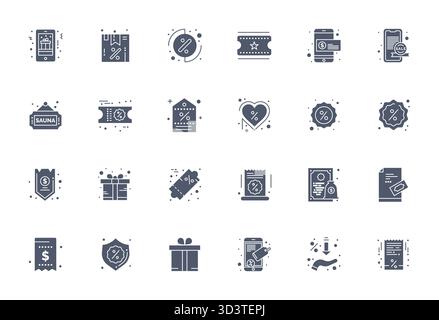 A clean collection of 24 Filled vector icons representing Voucher, designed in High Resolution Editable format for modern dashboards and interfaces. Stock Vector
