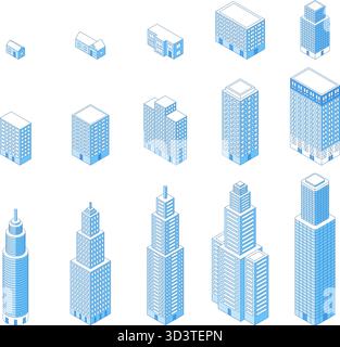 Isometric line buildings. Various apartments and building with windows. Isolated outline urban architecture, office shopping mall, nifty vector set or Stock Vector