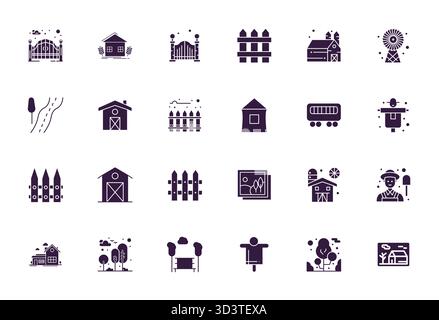 Revolutionary set of 24 PIXEL Perfect vector icons inspired by Countryside, created in Filled format at 128x128 resolution for cutting-edge design. Stock Vector