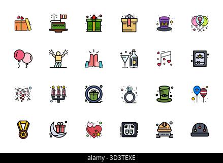 Refined bundle featuring 24 Line Filled vector icons for Celebratory, optimized with 128x128 Grid Fitted quality for elegant and functional design sol Stock Vector