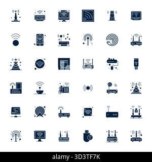 Precision-engineered 36 Filled vector icons for Modem, designed at Retina Ready PIXEL Perfect resolution for exceptional clarity and scalability. Stock Vector