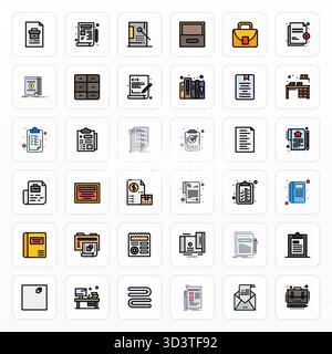 This set of 36 Filled Line vector icons captures Paperwork themes in High Resolution Detail Enhanced quality, perfect for tech and business applicatio Stock Vector