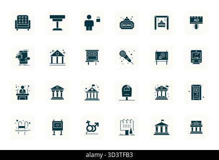 Professional-grade collection of 24 Filled vector icons representing Public, crafted with 256x256 Grid Fitted precision for enterprise applications. Stock Vector