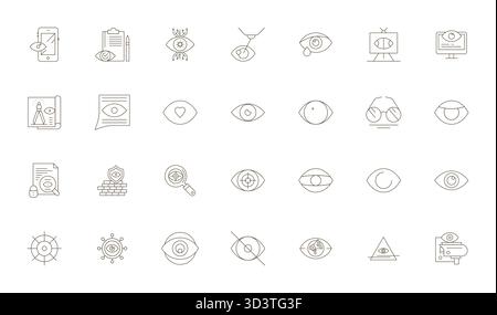 A versatile set of 28 Thin Line Grid Fitted vector icons focused on Eye, delivered in crisp Retina Ready format ideal for mobile and web applications. Stock Vector