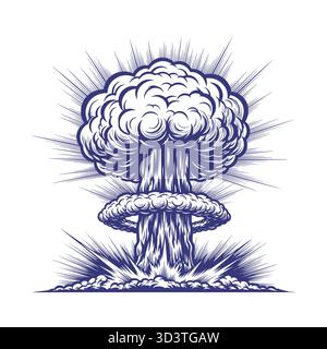 Nuclear atomic explosion mushroom cloud logo vector illustration engraving. Stock Vector