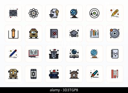 A clean collection of 24 Filled Line vector icons representing School, designed in High Resolution Detail Enhanced format for modern dashboards and in Stock Vector
