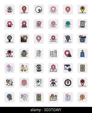Discover a set of 42 LineFilled vector icons crafted for the Pinpoint Location theme, featuring 64x64 Detail Enhanced designs ideal for modern UI/UX p Stock Vector
