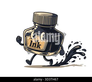 Running Ink Bottle Mascot Cartoon Vector Illustration Ink Splatter Stock Vector