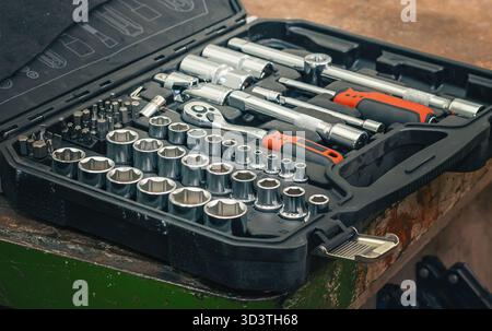 Tool set: screwdrivers, wrenches. Box with various tools, wrenches and screwdrivers. Tools organized in such way that it is easy to find what you need Stock Photo