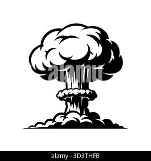 Black and White Atomic Mushroom Cloud Explosion Vector, Symbolizing Power, Impact, and Destruction. Stock Vector
