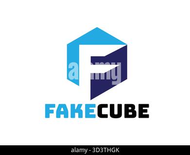 Geometric Hexagon Cube Logo Design with Letter F in Blue and Navy Colors, Modern Technology Branding. Stock Vector