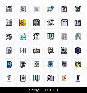 This collection features 36 Filled Line Pixel Optimized vector icons tailored to the Booklet theme, optimized in High Resolution format for digital de Stock Vector