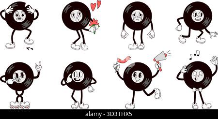 Vinyl retro character. Vinyl record mascot various poses and emotions. Music symbol in love, singing and on rollers. Groovy musical store neoteric vec Stock Vector