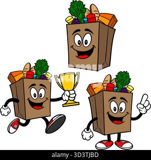 Grocery Bag Mascot Set 03, Hand Drawn illustrations of Grocery Bag Mascots in various poses. Stock Vector
