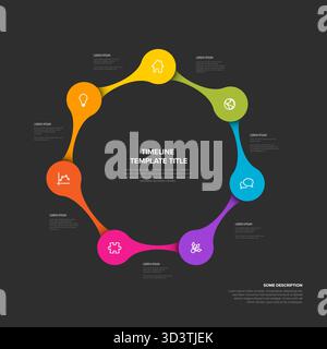 Dark, minimalist timeline infographic template features circular design with colorful, interconnected elements. This timeline is perfect for presentin Stock Vector